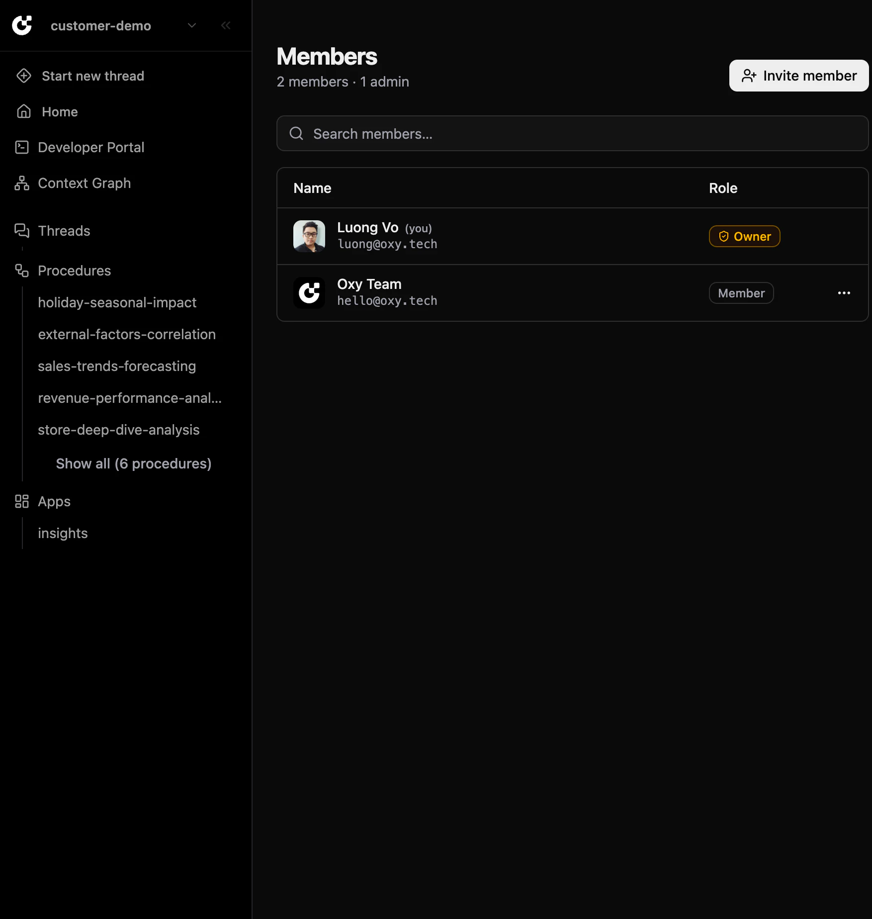 Workspace members page with Owner and Member roles