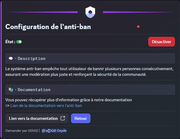 Menu de configuration de l'Anti-Ban