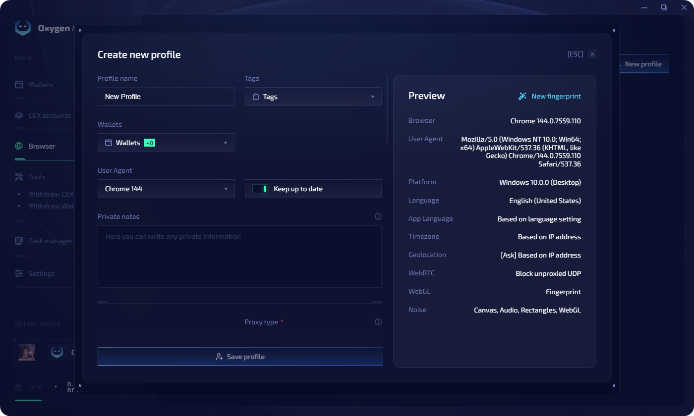Create new profile with fingerprint preview