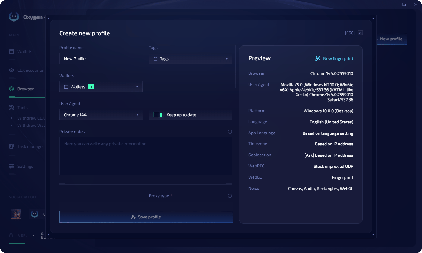 Create new profile with fingerprint preview