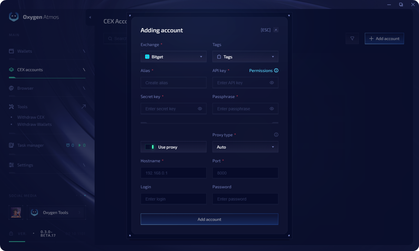 Add exchange account form