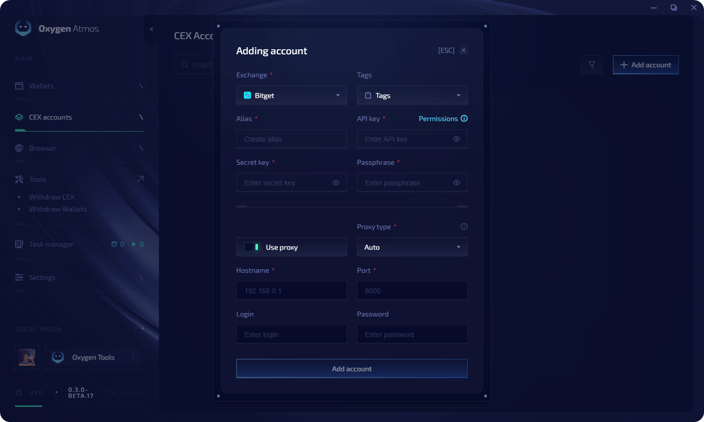 Add exchange account form