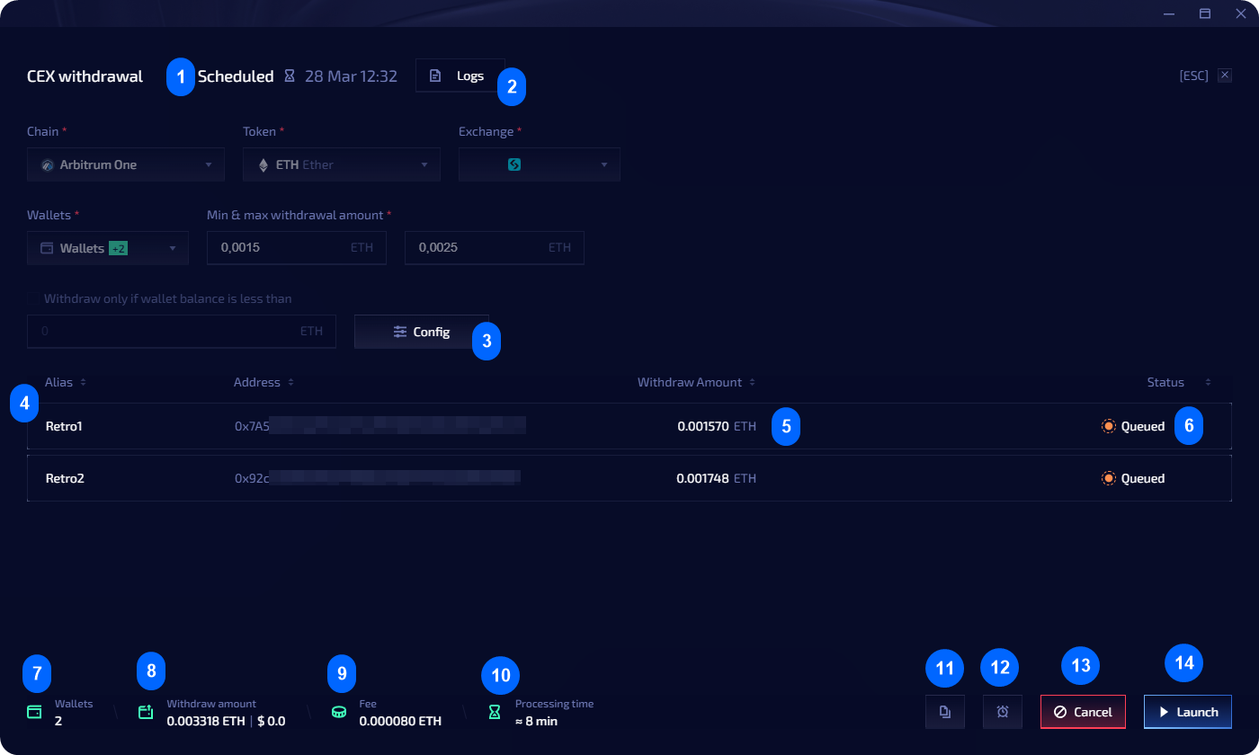 Task editing menu with numbered elements