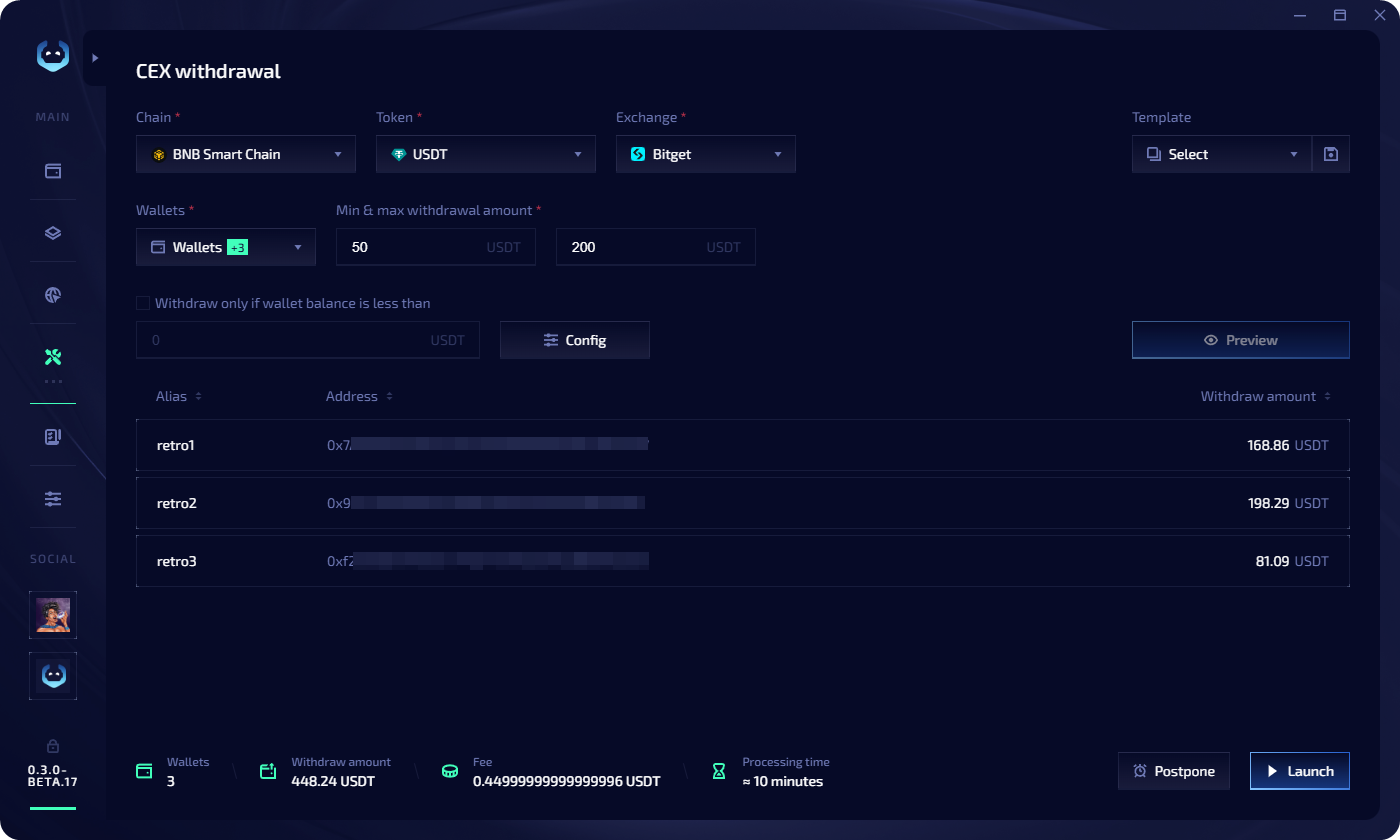 CEX withdrawal preview