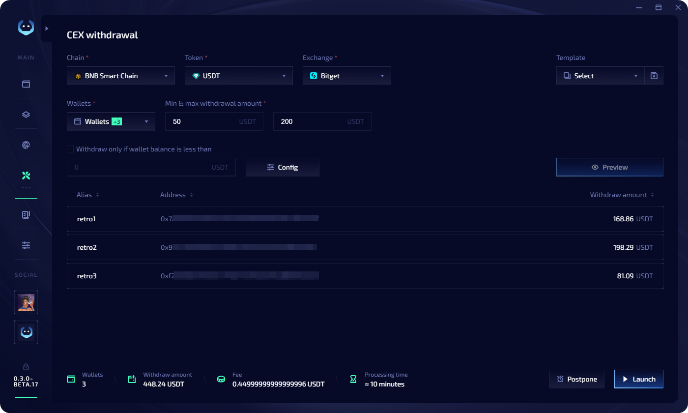 CEX withdrawal preview
