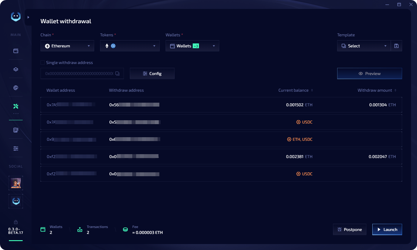 Wallet withdrawal preview