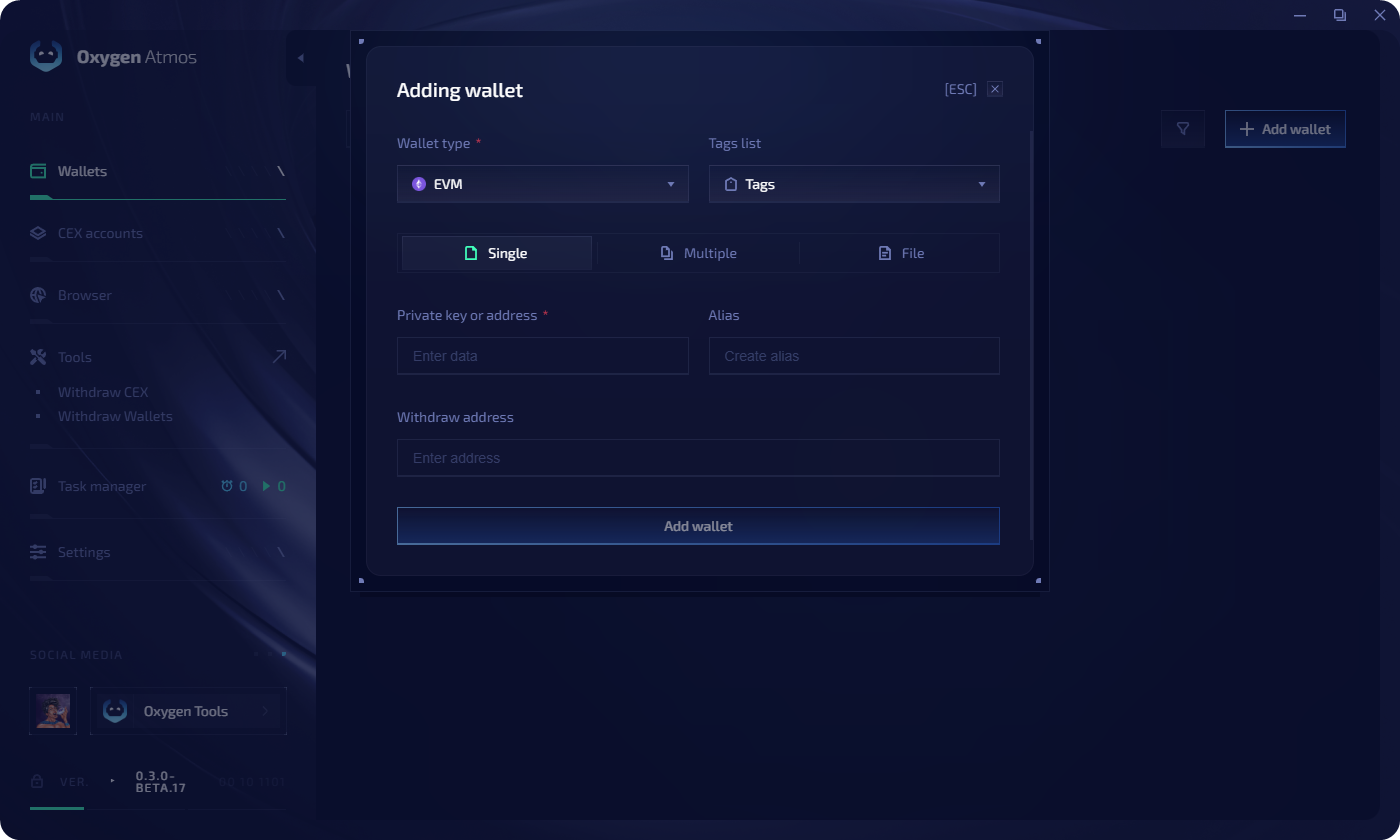 Single wallet import form