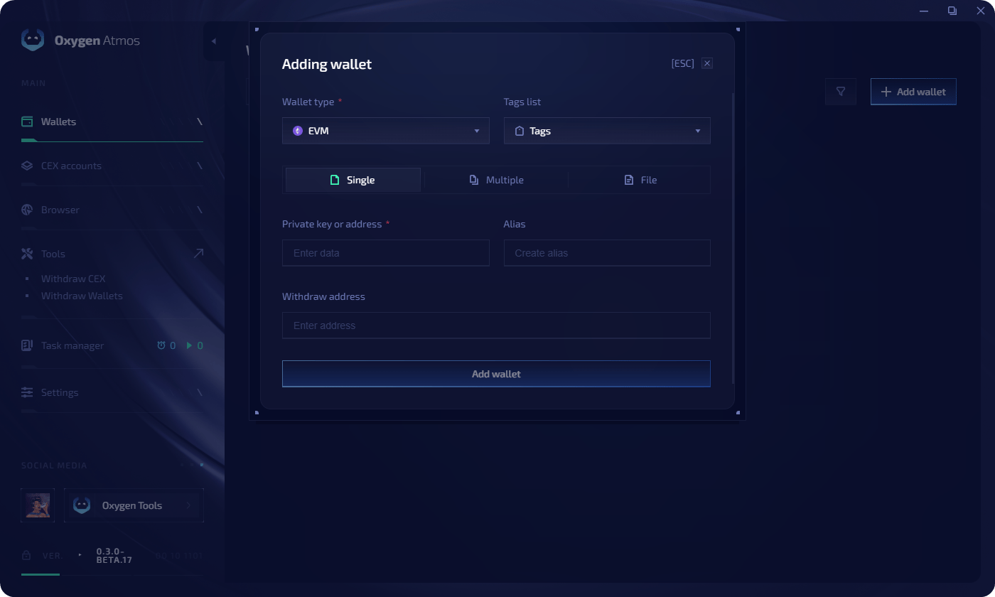 Single wallet import form
