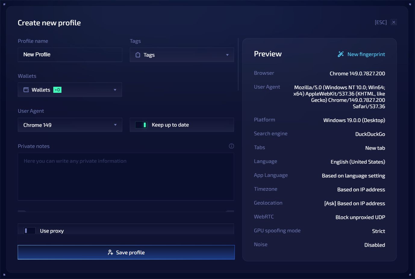 Create a profile and select the browser version