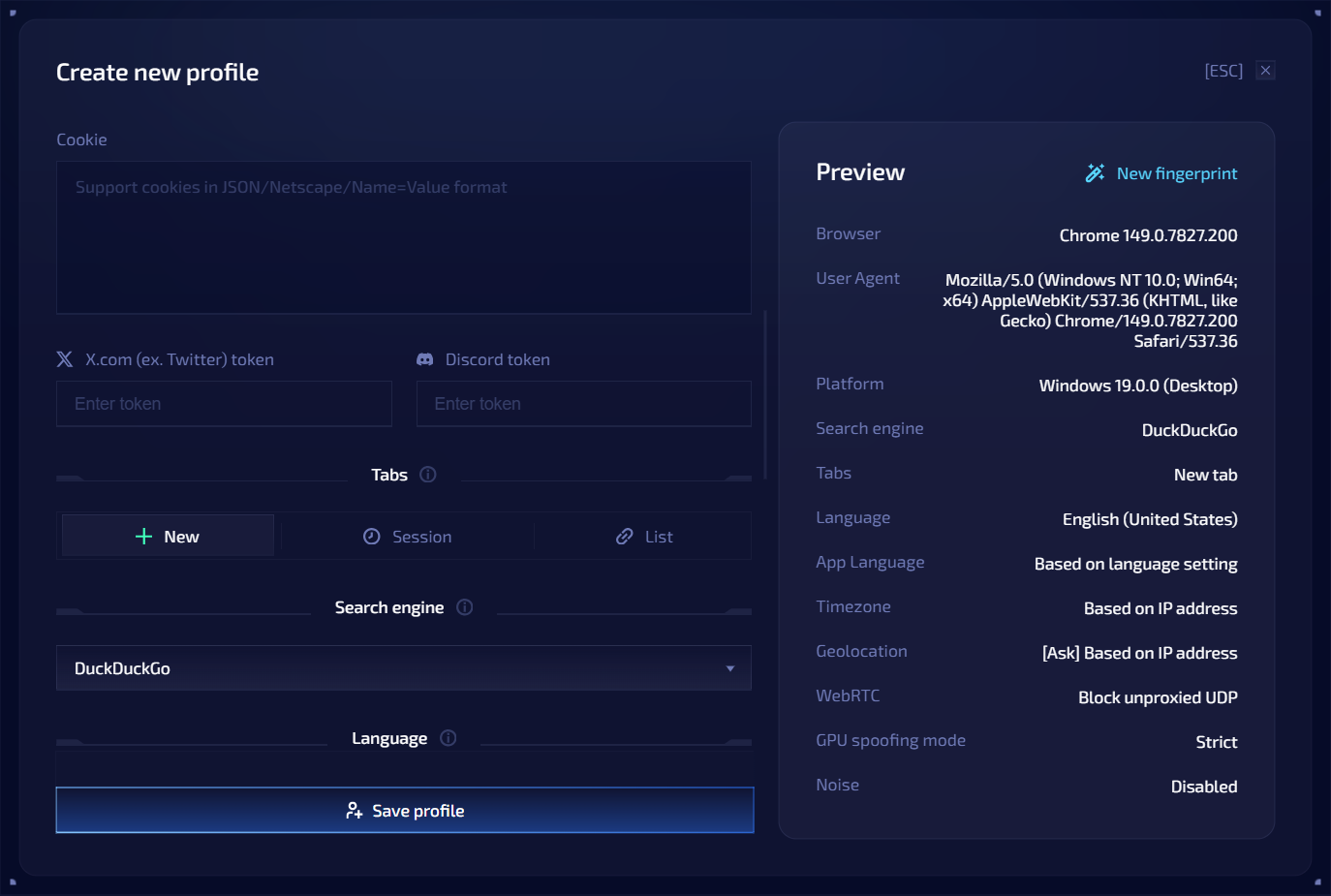 Configure startup tabs and browser preferences while creating a profile