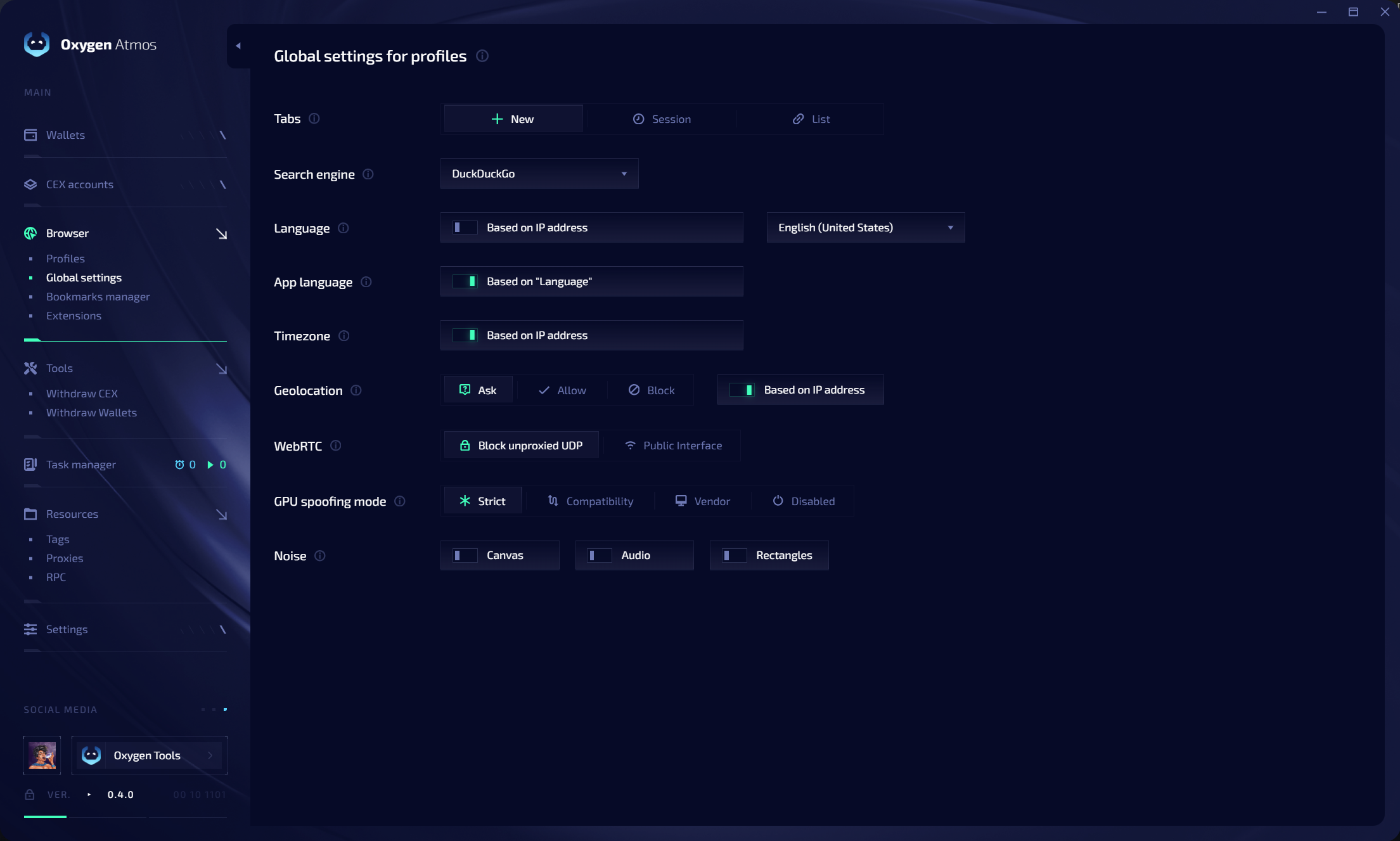 Global settings for browser profiles