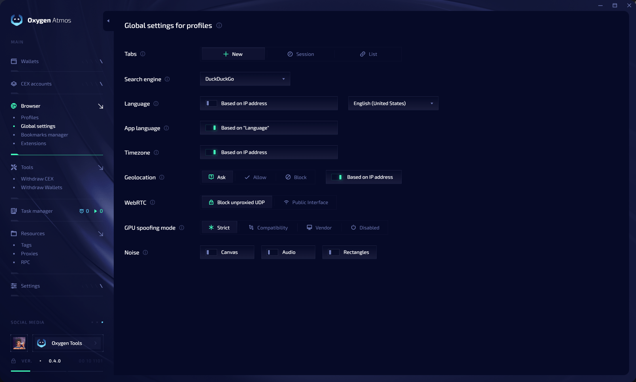 Global settings for browser profiles
