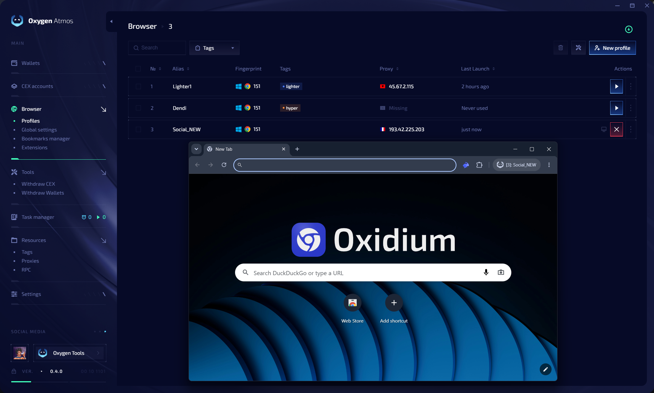 Browser profiles with Oxidium versions, proxies, and actions