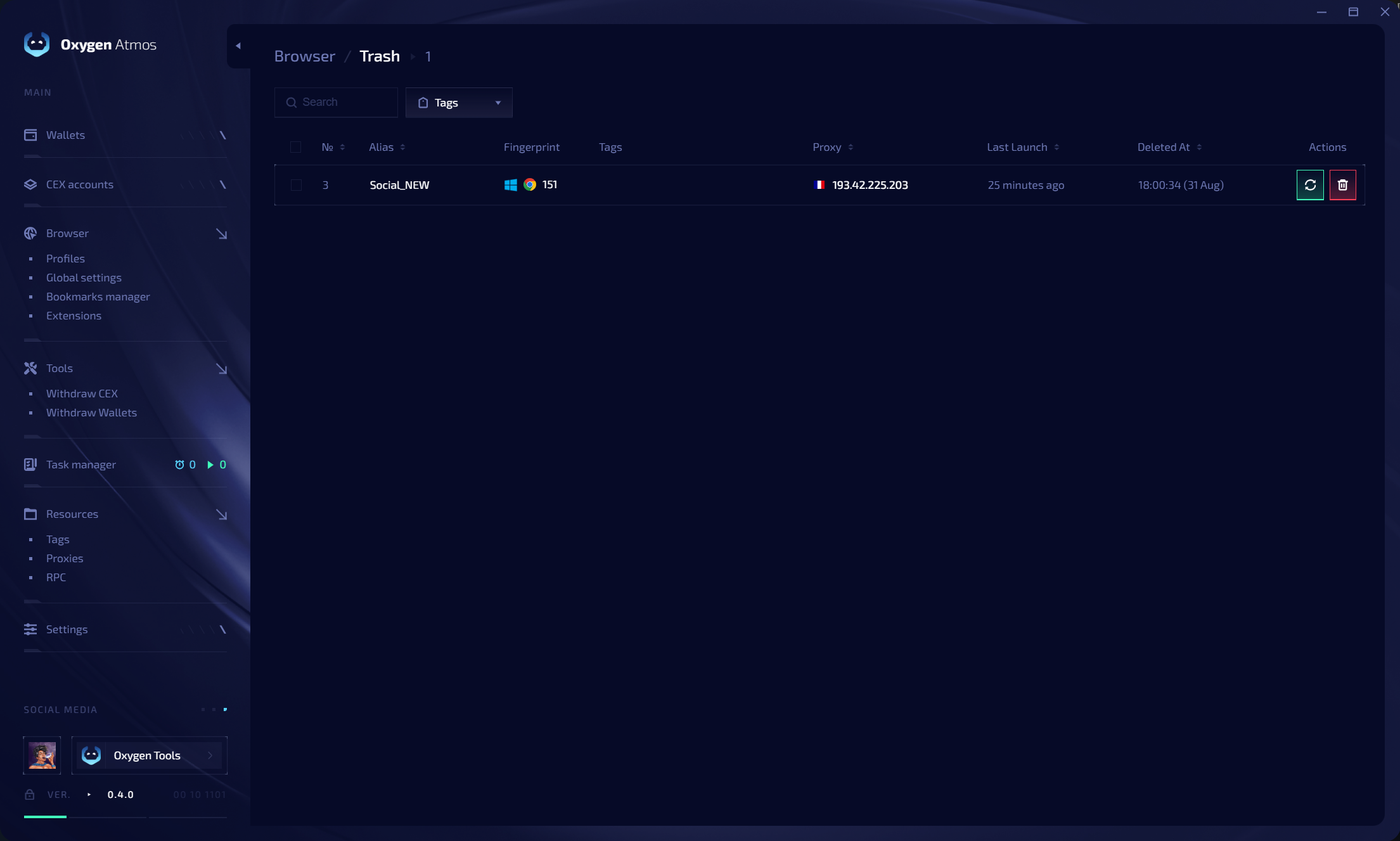 Browser profile trash with restore and permanent delete actions