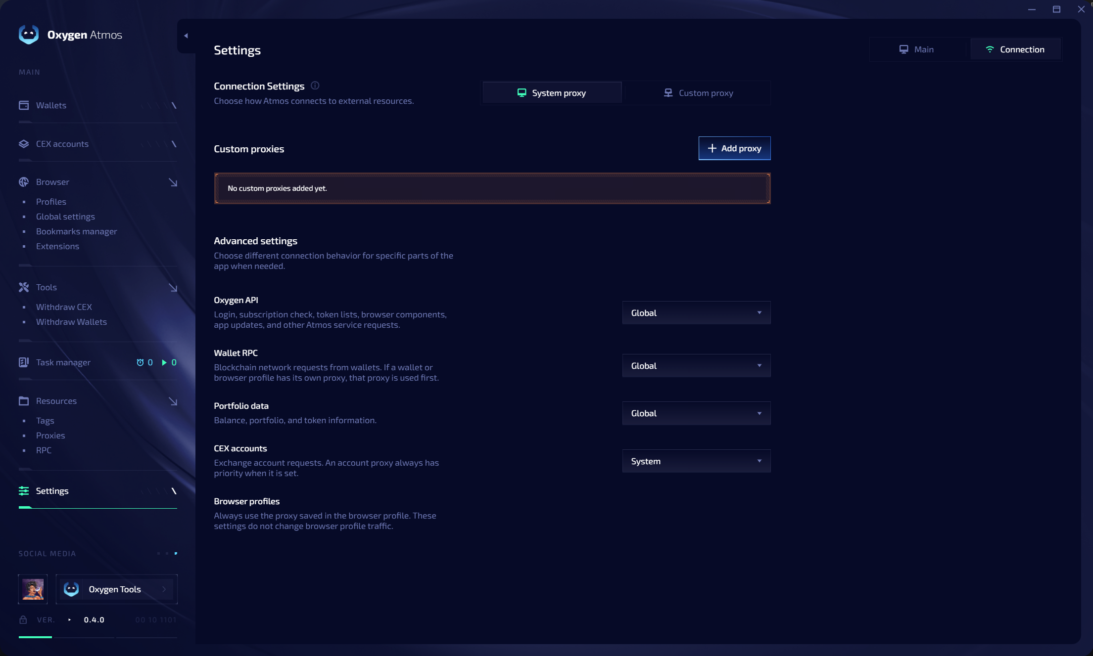 Settings Connection tab
