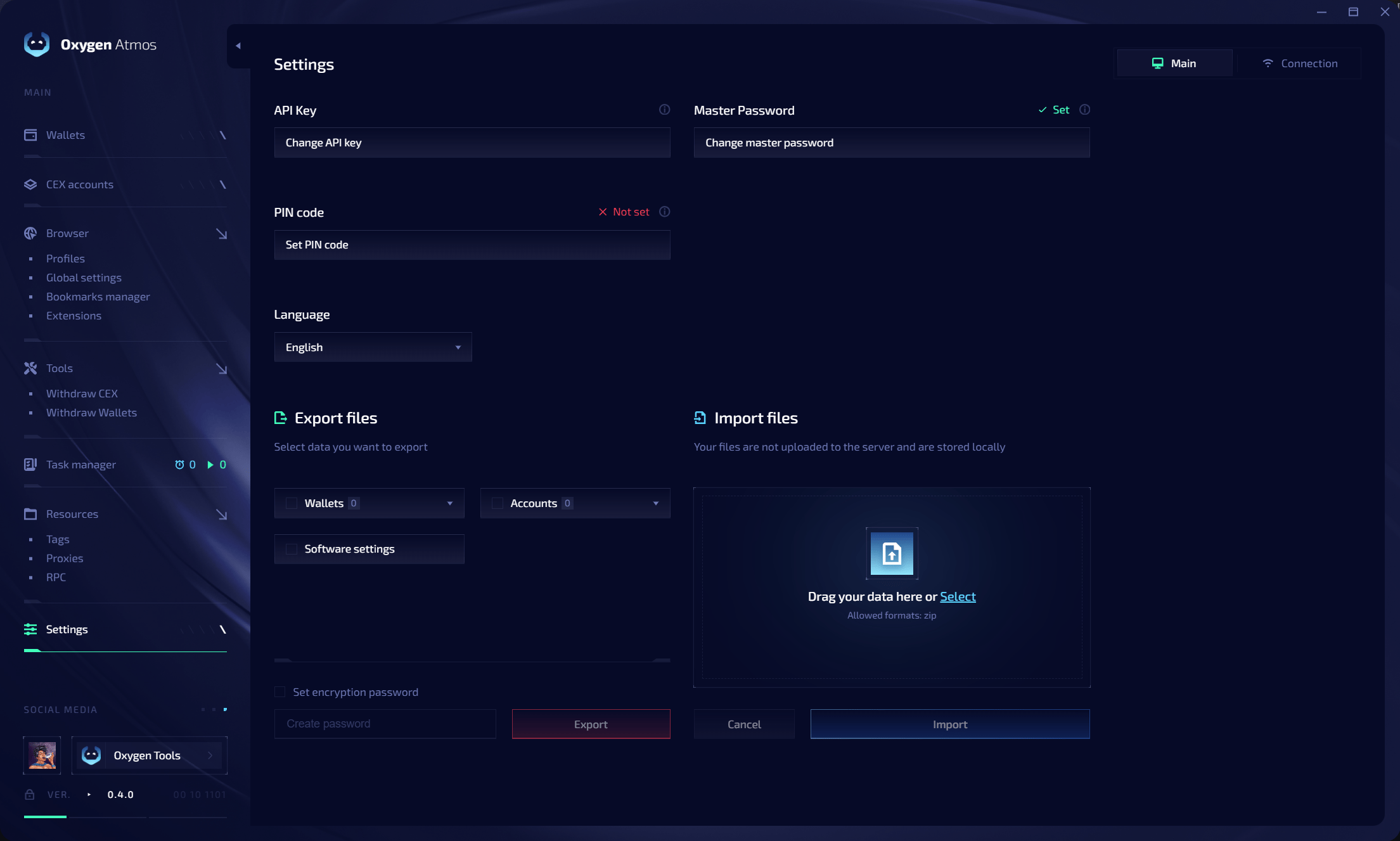 Settings Main tab