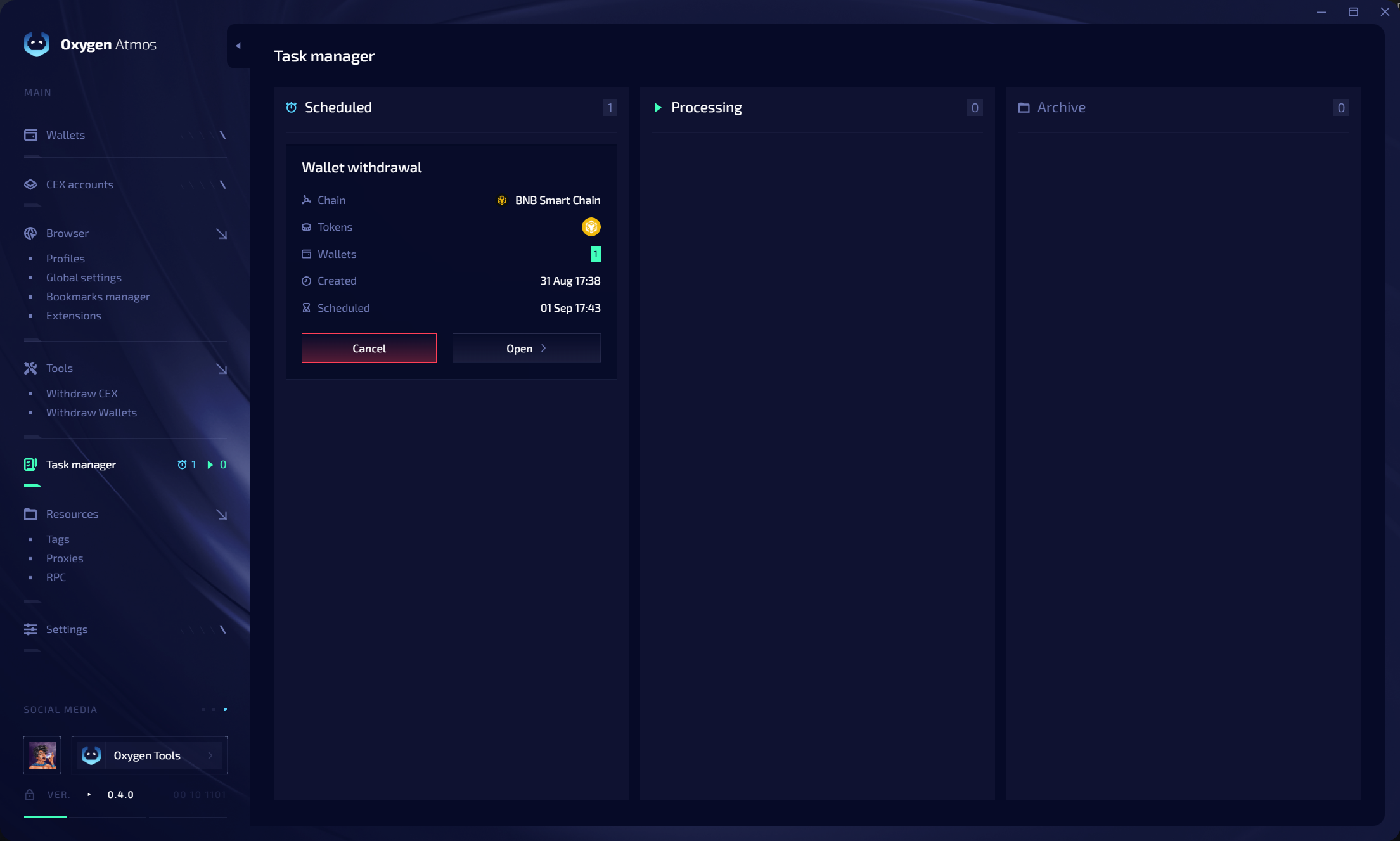 Task manager with Scheduled, Processing, and Archive columns