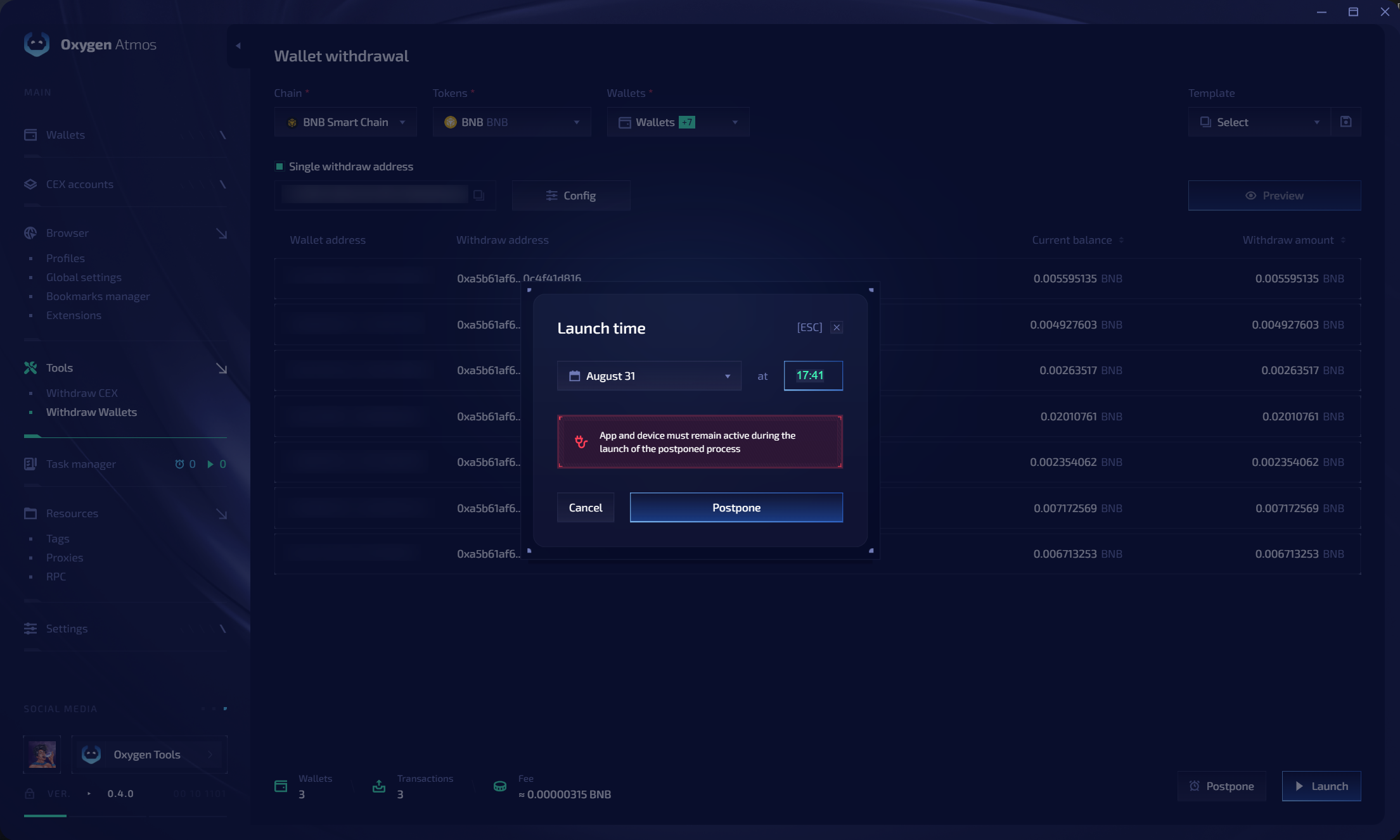 Choose a launch time for a postponed wallet withdrawal