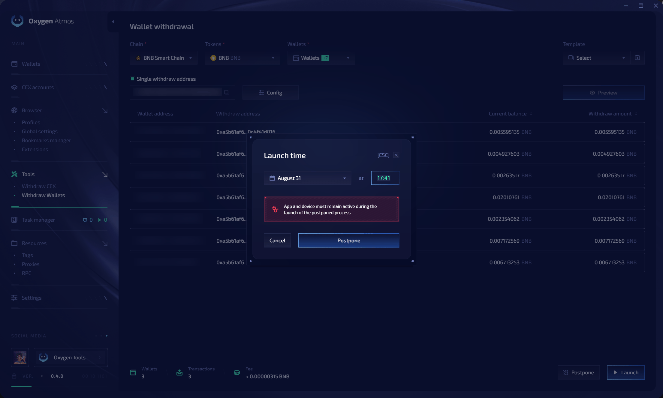 Choose a launch time for a postponed wallet withdrawal