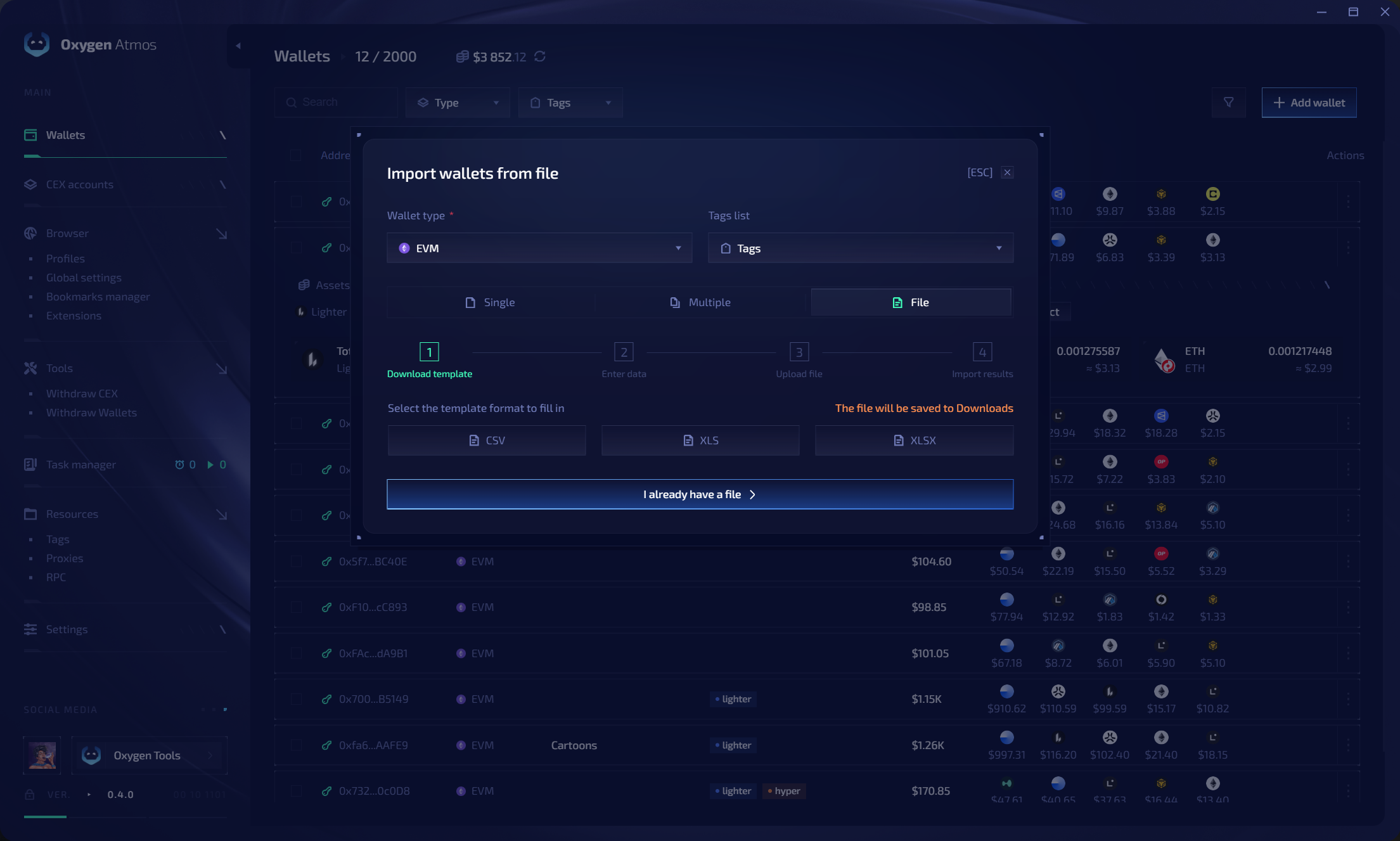 Wallet file import and template download