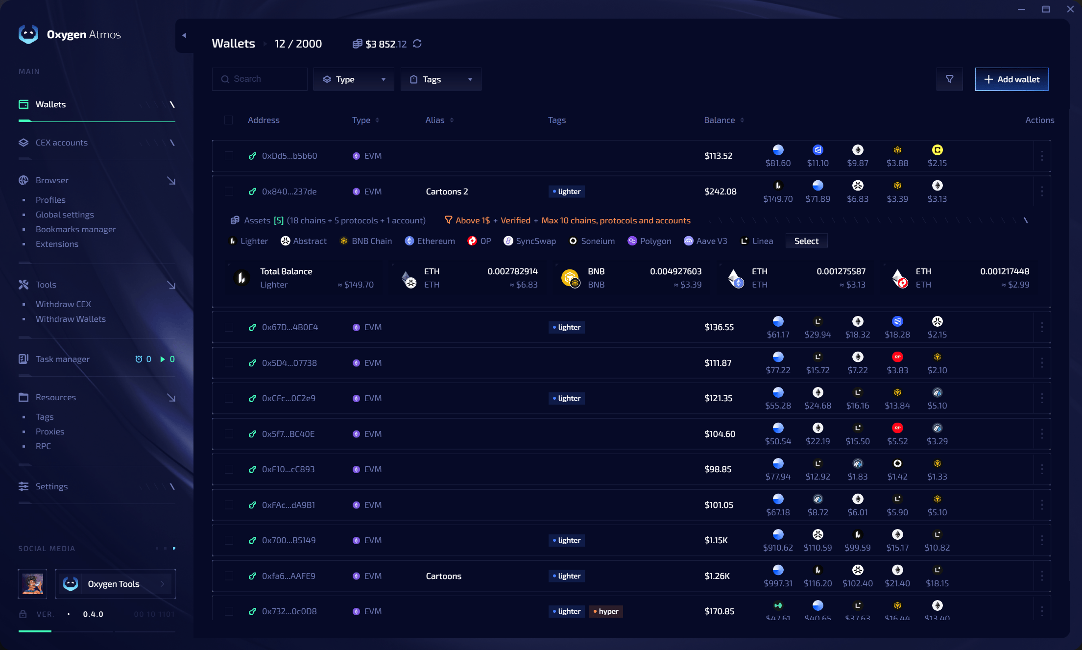 Wallet manager with balances, assets, tags, and filters