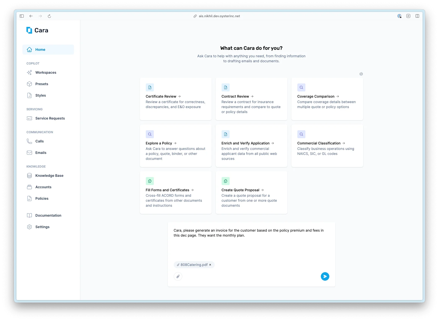 Ask Cara to generate a document