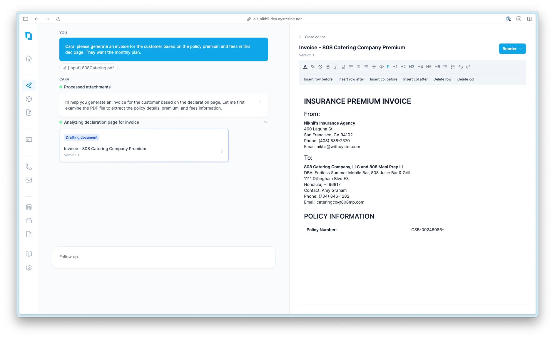 Cara opens a split-screen editor and populates the editor with content as she writes