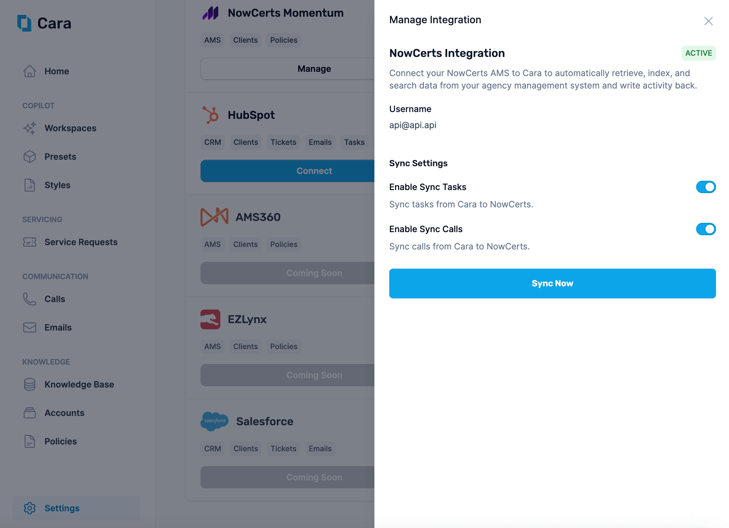 NowCerts Momentum_Settings