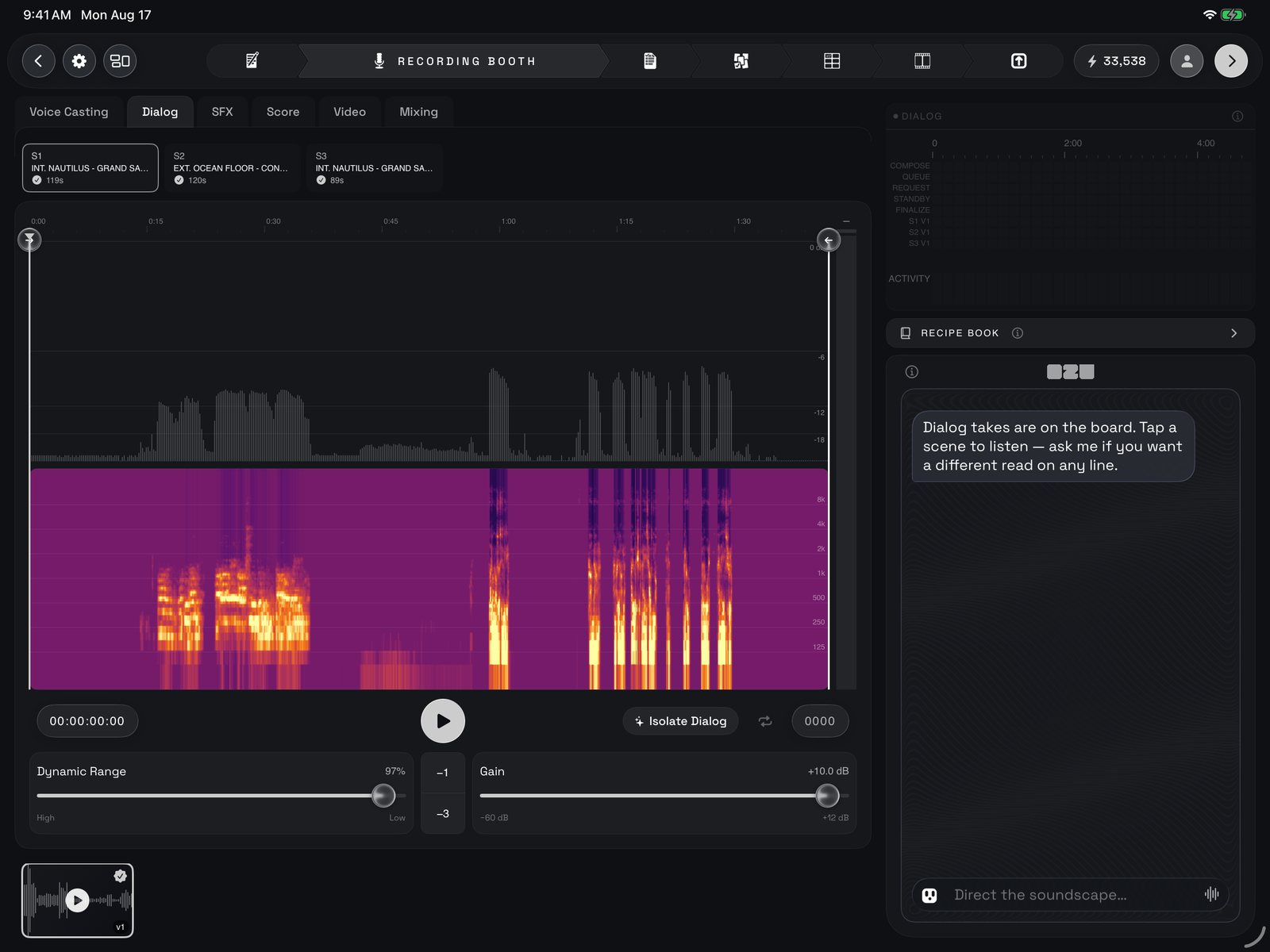 Dialog: the scene chips across the top, the chosen take's waveform and spectrogram, the transport with Isolate Dialog, and the Dynamic Range and Gain sliders under it; the take strip bottom left, Ozu on the right.