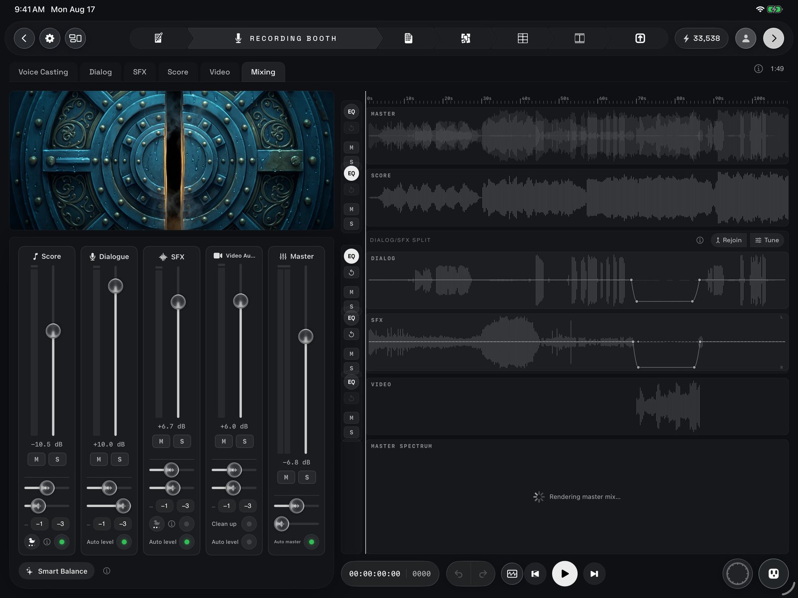 Mixing: the five strips (Score, Dialogue, SFX, Video Audio, Master) with faders, pan, Range and Stage; the lanes with EQ / M / S on the right; Smart Balance bottom left; transport and jog bottom right.