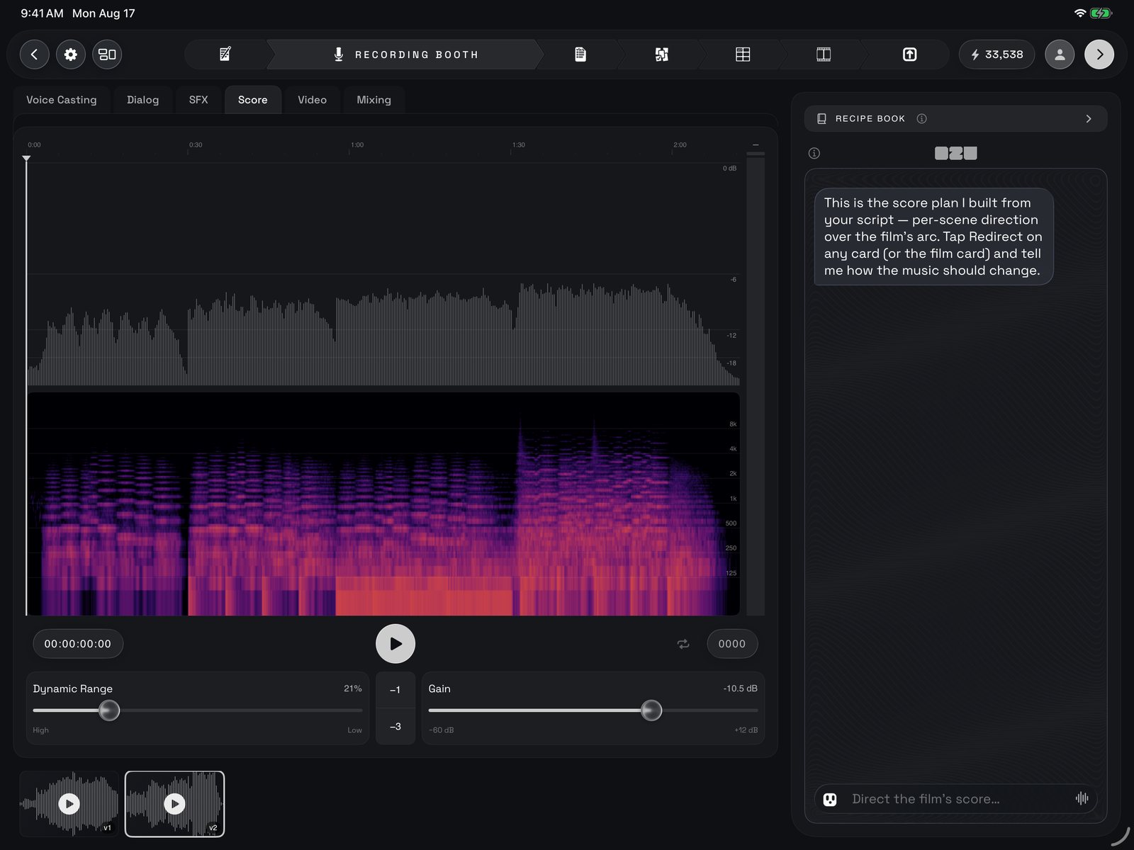 Score: the pinned score take's waveform and spectrogram, the transport, Dynamic Range and Gain, the take strip bottom left, and Ozu on the right with the score plan.