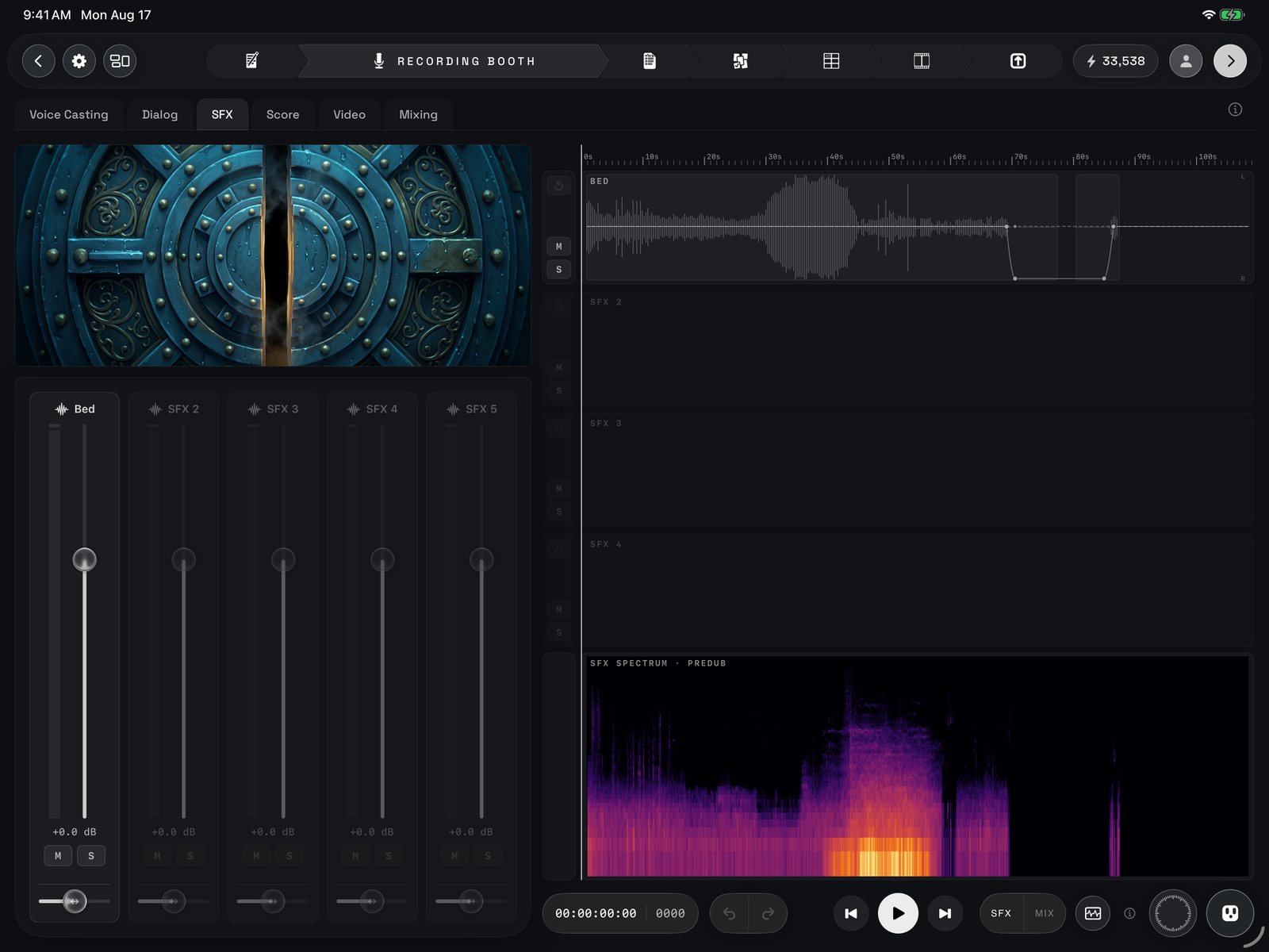 SFX: one strip per effect on the left (Bed first), the effect lanes with M/S on the right, the SFX spectrum underneath, and the footer with the SFX / MIX listen switch and the jog puck.