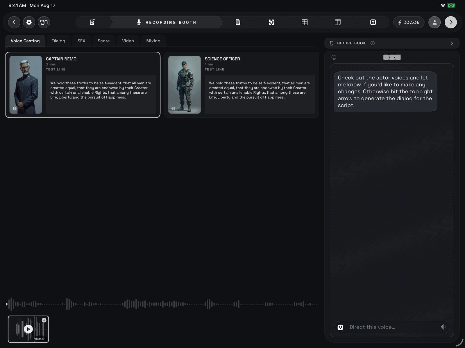 Voice Casting: a card per speaking character with the test line each actor reads, the audition strip along the bottom, and the Ozu chat on the right.