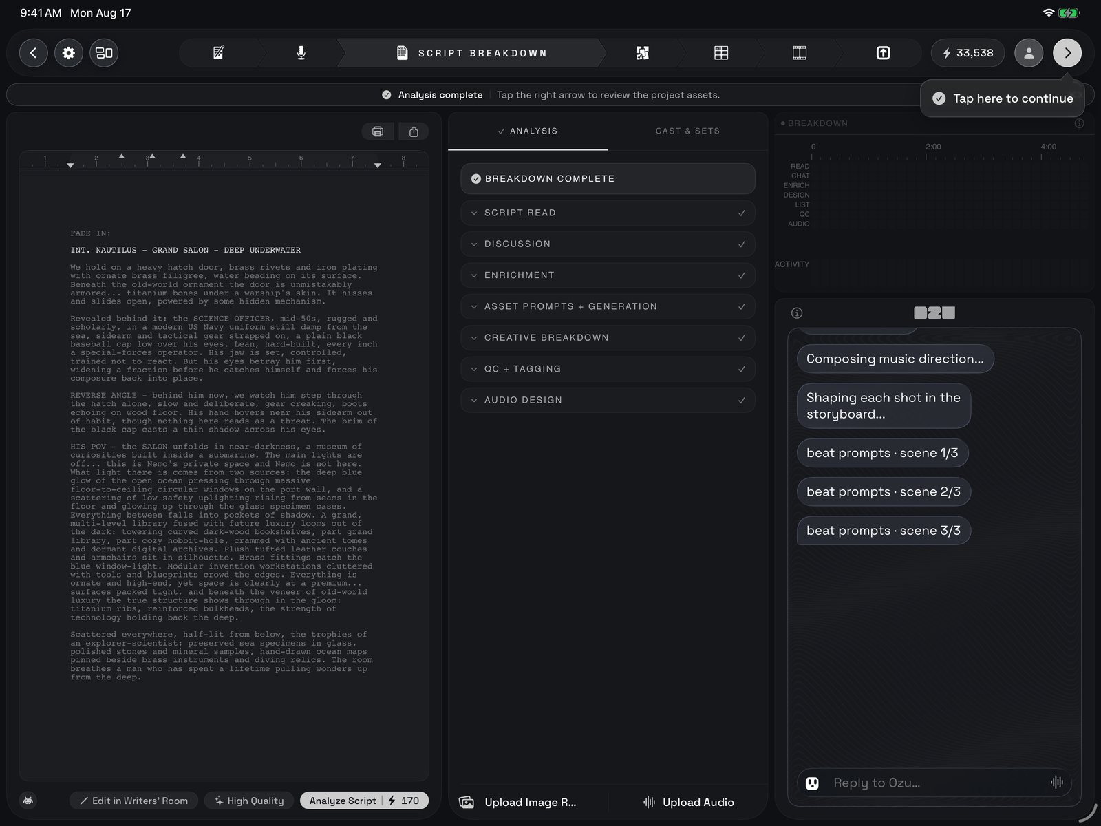 The whole room after a run: the locked script on the left, the Analysis tab with every stage ticked in the middle, and the progress chart over Ozu's chat on the right, with the banner across the top pointing at the arrow.