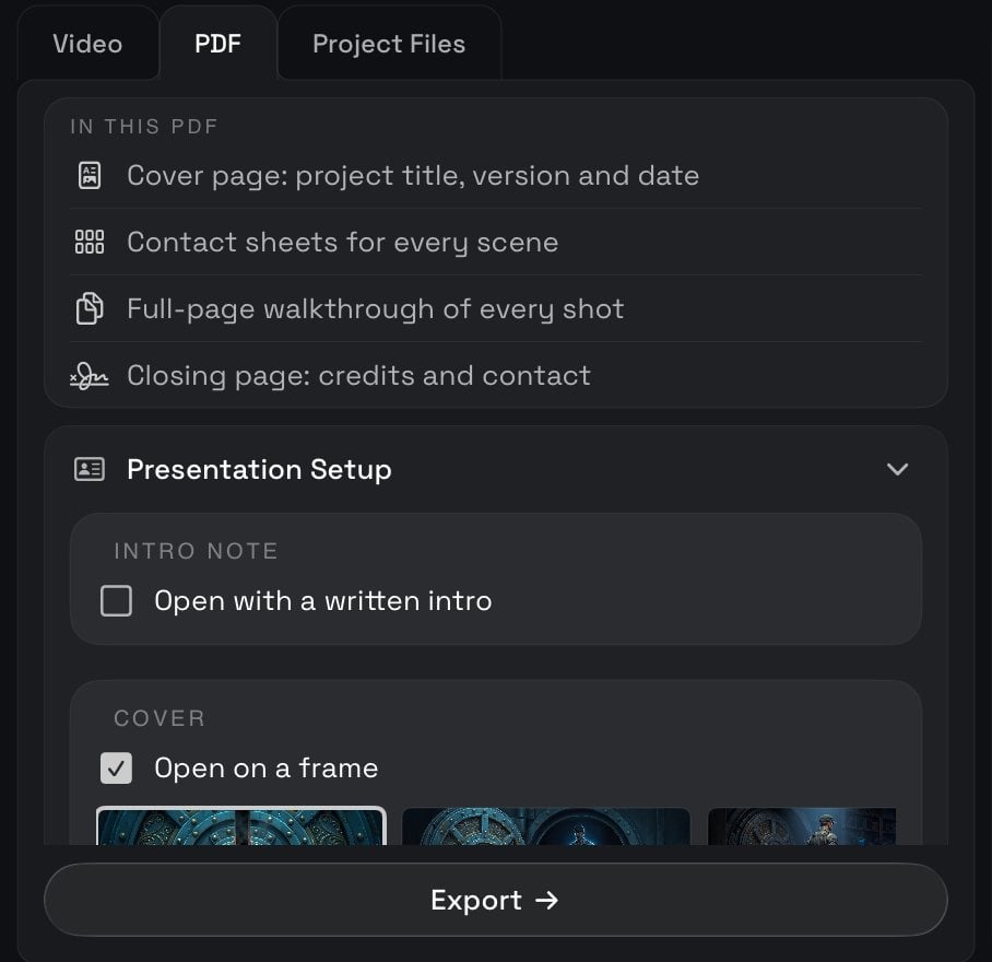 The PDF tab: what the deck contains, then Presentation Setup opened to its first panels (intro note, cover); studio, creative leads and closing page follow below.