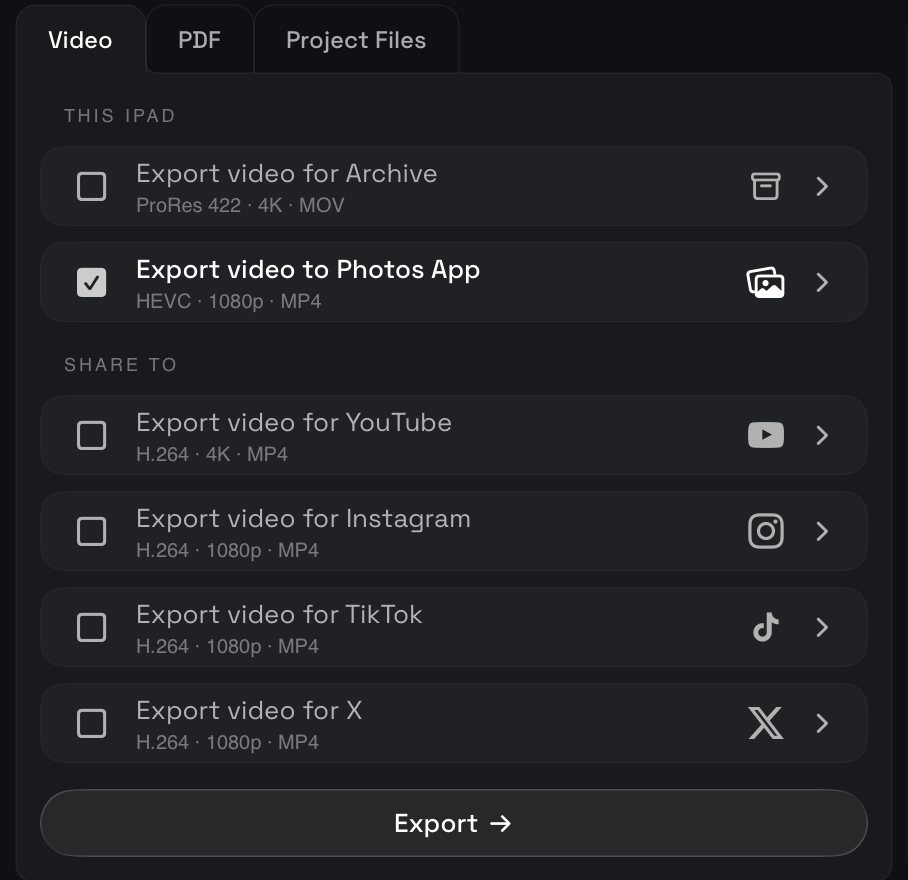 The Video tab: the destinations on this iPad and to share to, each with its recipe line under the name; tick one and open it to change Format, Codec, Size, Frame rate, Subtitles and Overlays.
