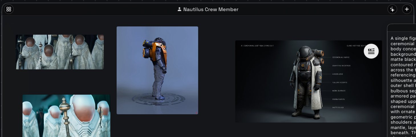 A group frame close up: the tied name in the header (Nautilus Crew Member), the layout button on the left, Generate ✦ and Add + on the right, and the pictures and notes inside.