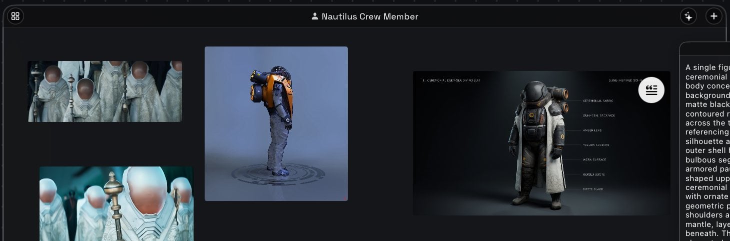 A group frame close up: the tied name in the header (Nautilus Crew Member), the layout button on the left, Generate ✦ and Add + on the right, and the pictures and notes inside.