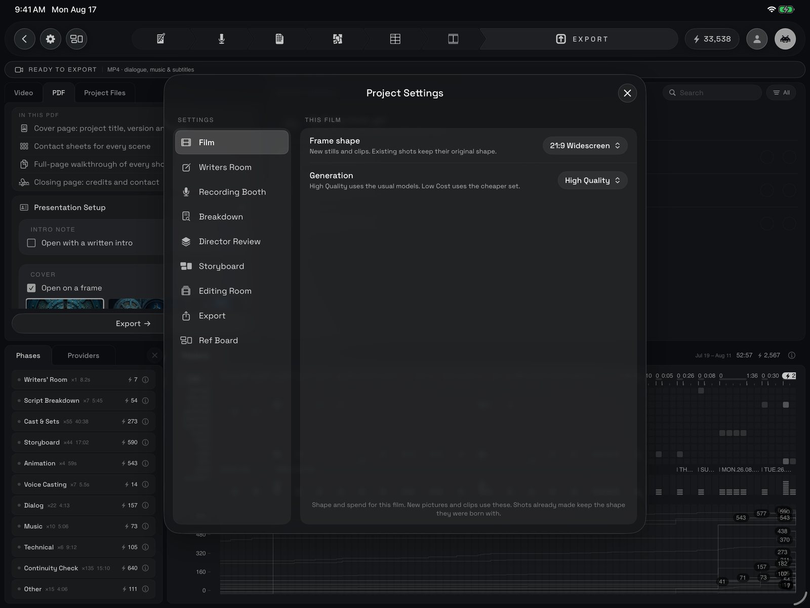 Project Settings open on Film: the nine panes down the left (Film, Writers Room, Recording Booth, Breakdown, Director Review, Storyboard, Editing Room, Export, Ref Board), and Frame shape and Generation for this film on the right.