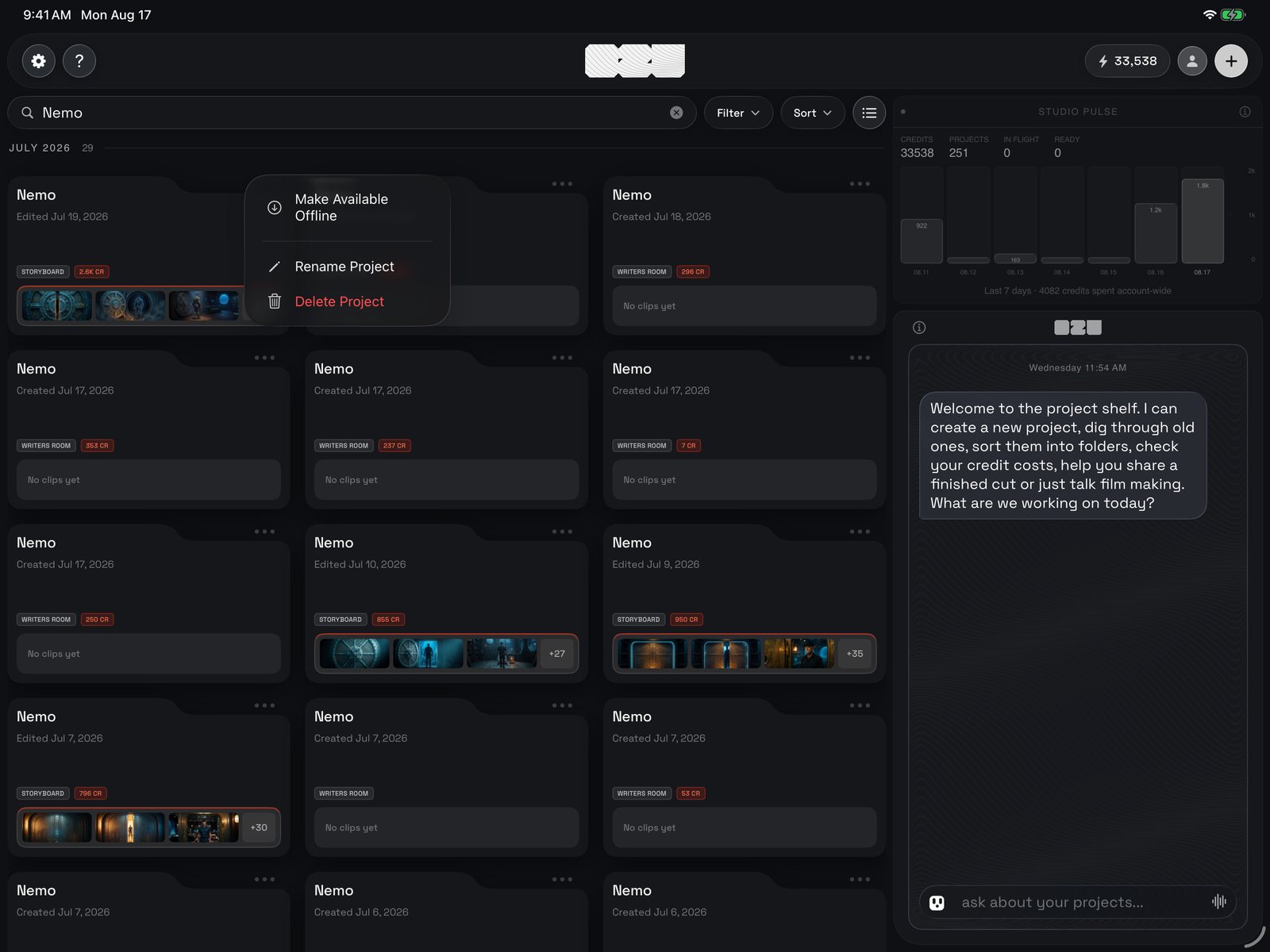 A project card with its ••• menu open: Make Available Offline, Rename Project, Delete Project.