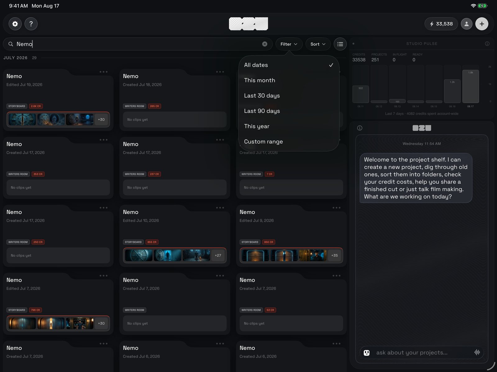 The search row with the date filter open: All dates, This month, Last 30 days, Last 90 days, This year, Custom range.