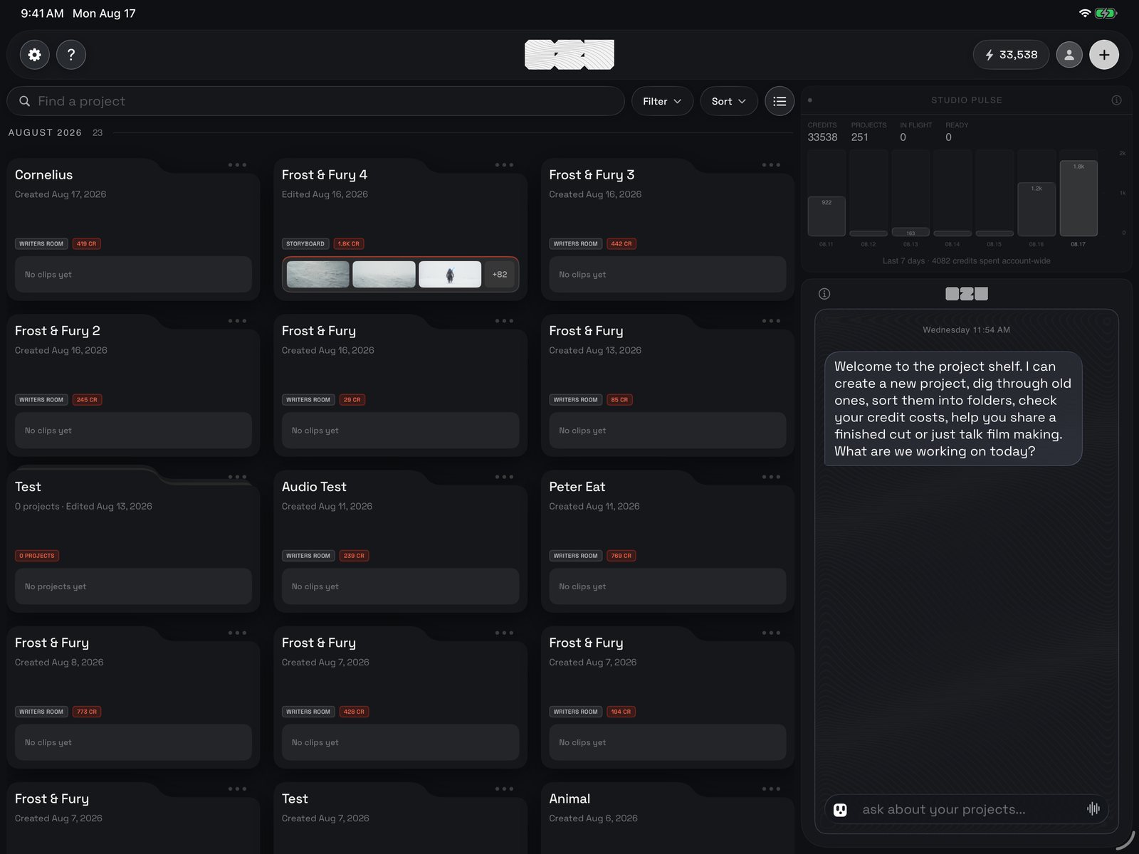 The whole shelf: the top bar across the top, the search row and your cards on the left, the studio console and your chat with Ozu on the right.