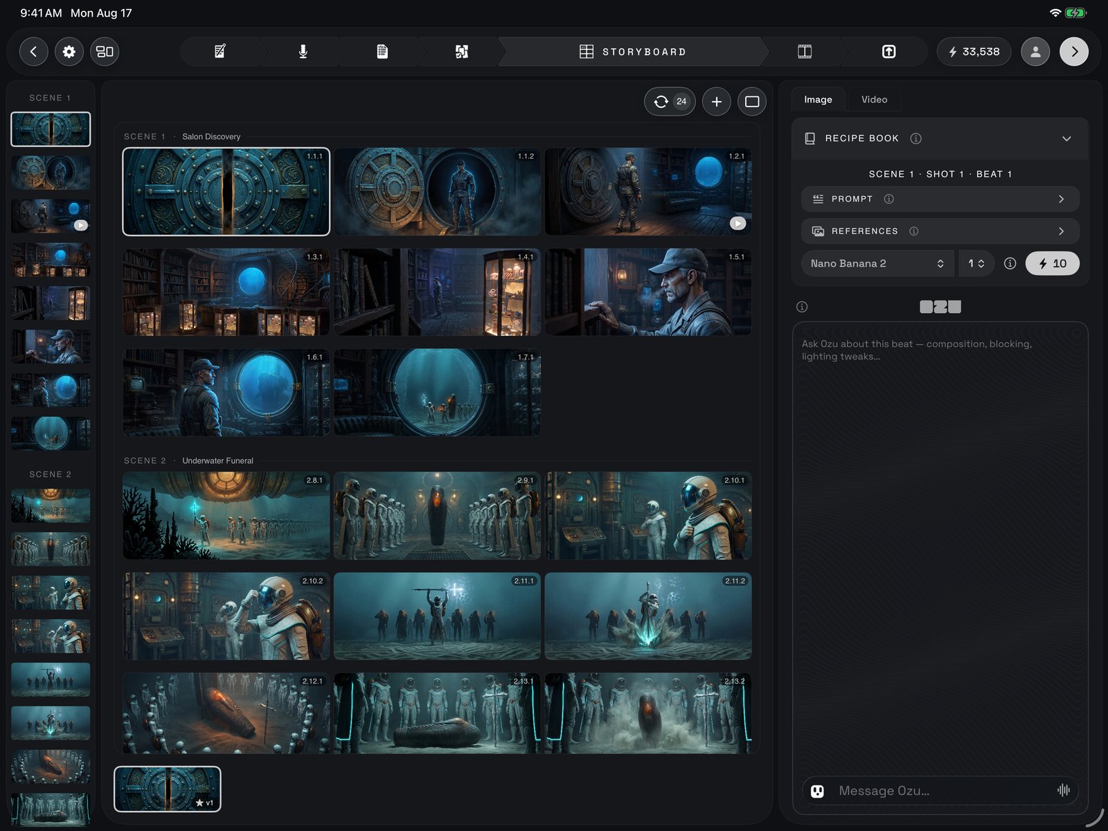 The contact sheet: three frames across per scene under each scene's header, beat numbers in the corner pills, the selected frame outlined, a play badge on any shot that already has video.