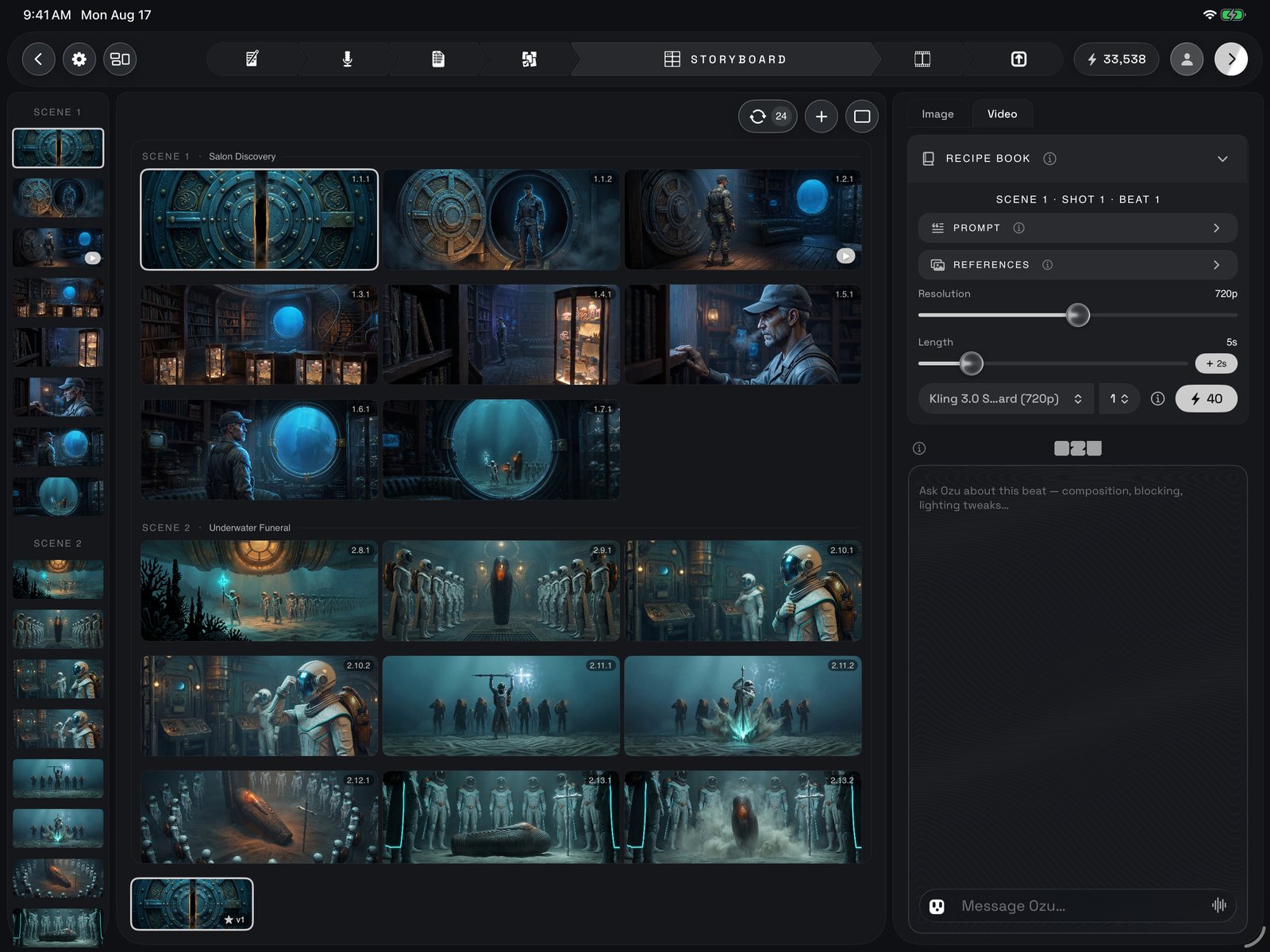 The Video tab on a frame: the Recipe Book with prompt and references, the Resolution and Length sliders, the video model with its take count, and the Animate button with its price; tap it and Direct this shot opens.