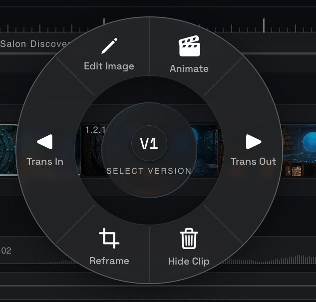 The radial menu on a held clip: Trans In and Trans Out left and right, Edit Image and Animate above, Reframe and Hide Clip below, the version hub in the centre.