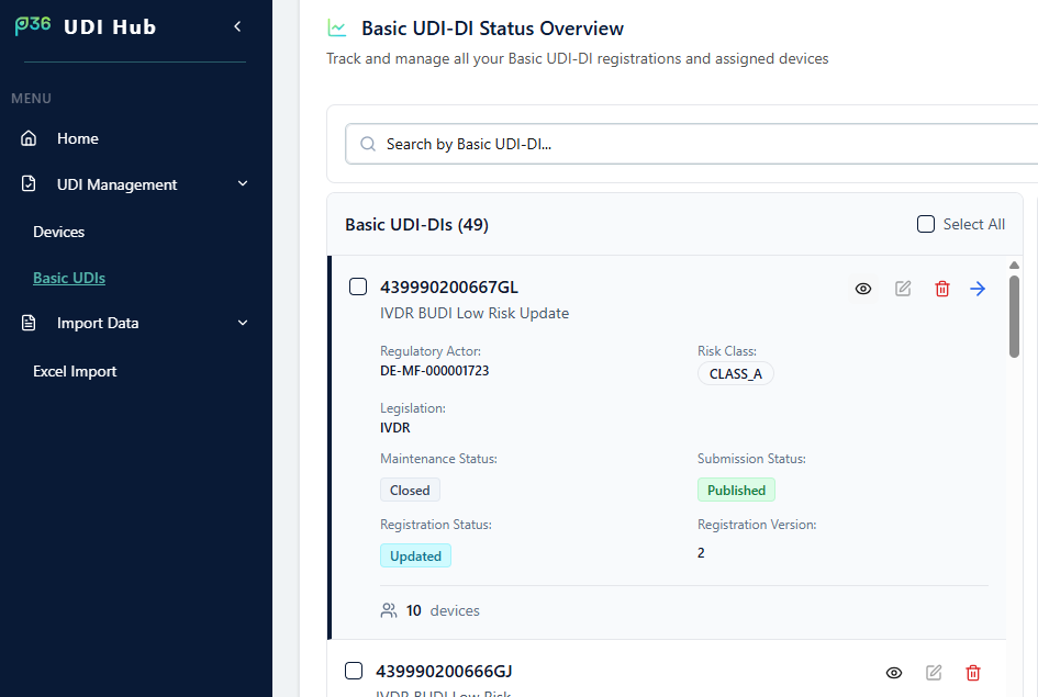 Open Basic UDI-DI details via the eye icon
