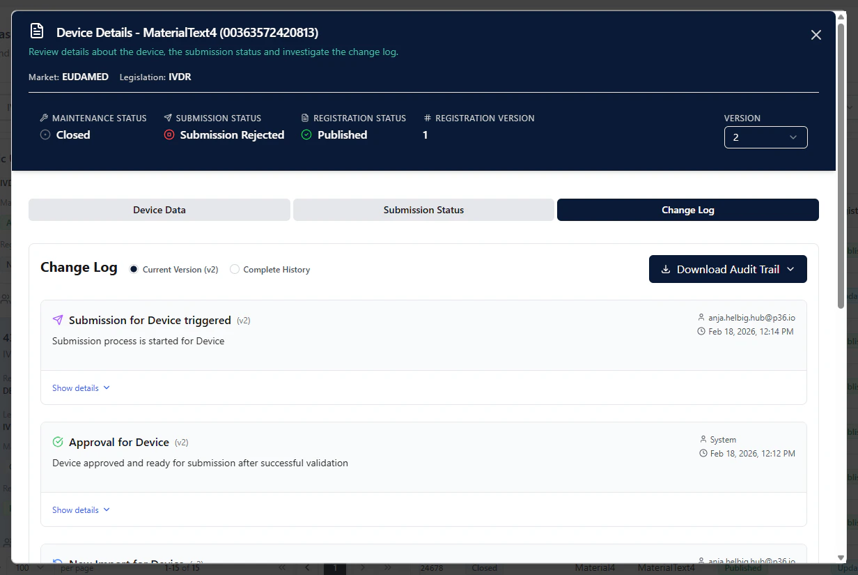 Change Log in the Details modal
