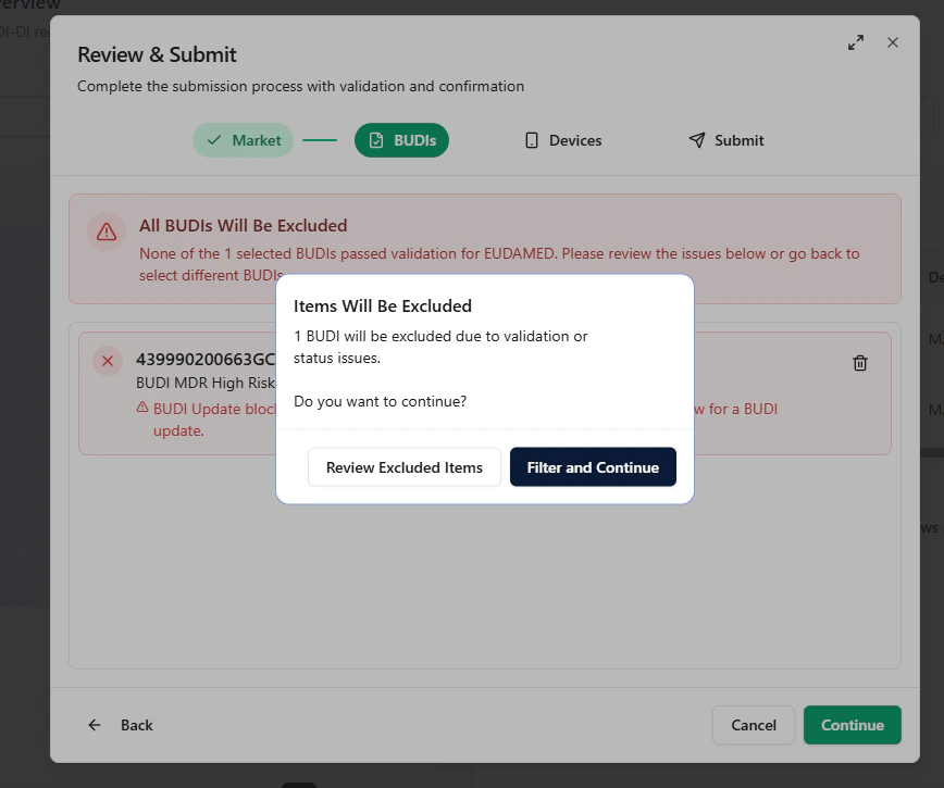 Filter excluded items and continue