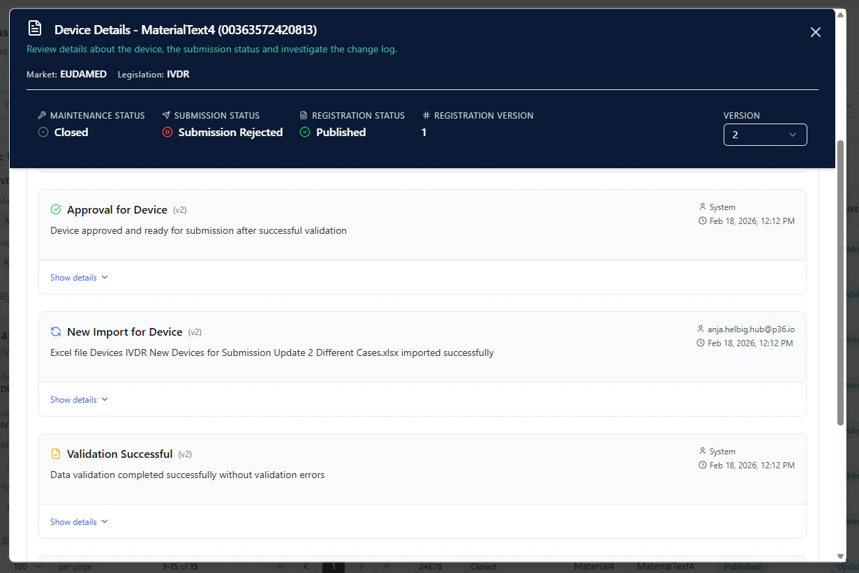 Change Log entries showing import and validation results