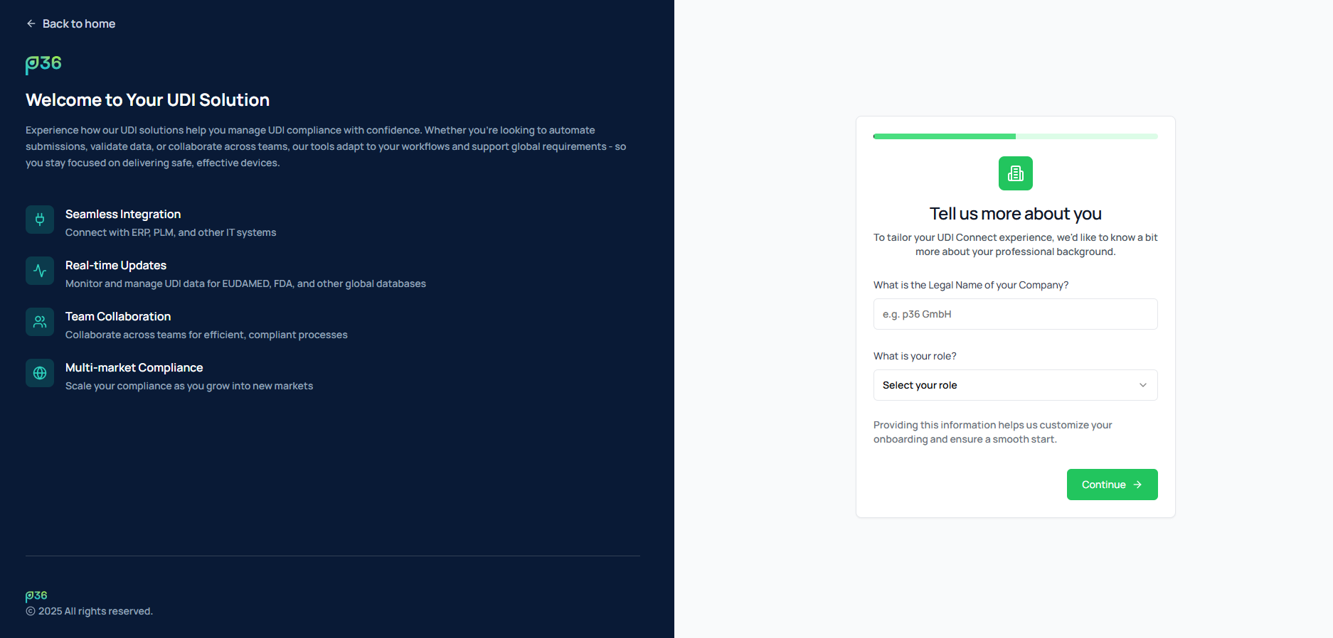 Company name and role input screen